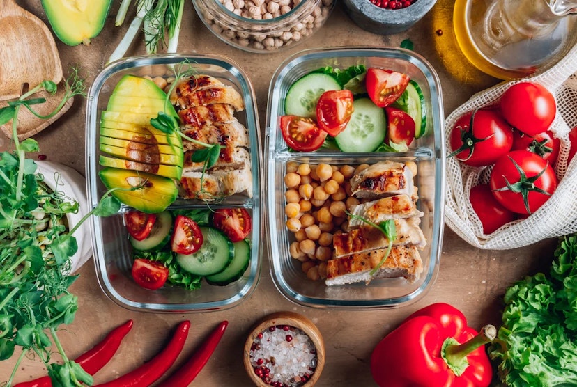 Containers filled with food for meal prep in the kitchen