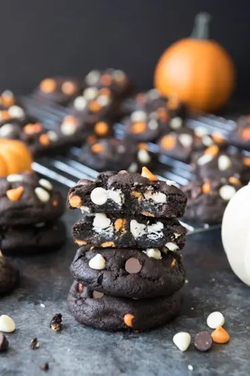 dark chocolate peanut butter cookies stacked