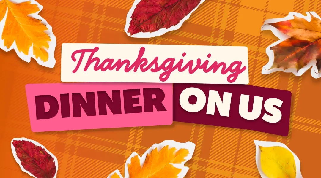 Flannel background with Thanksgiving dinner on us text