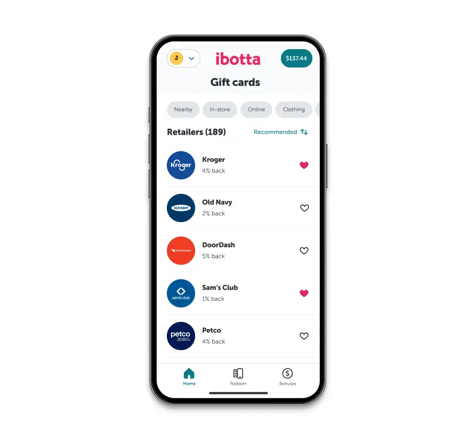 The Ibotta app displaying some Kroger, Old Navy, and DoorDash gift cards