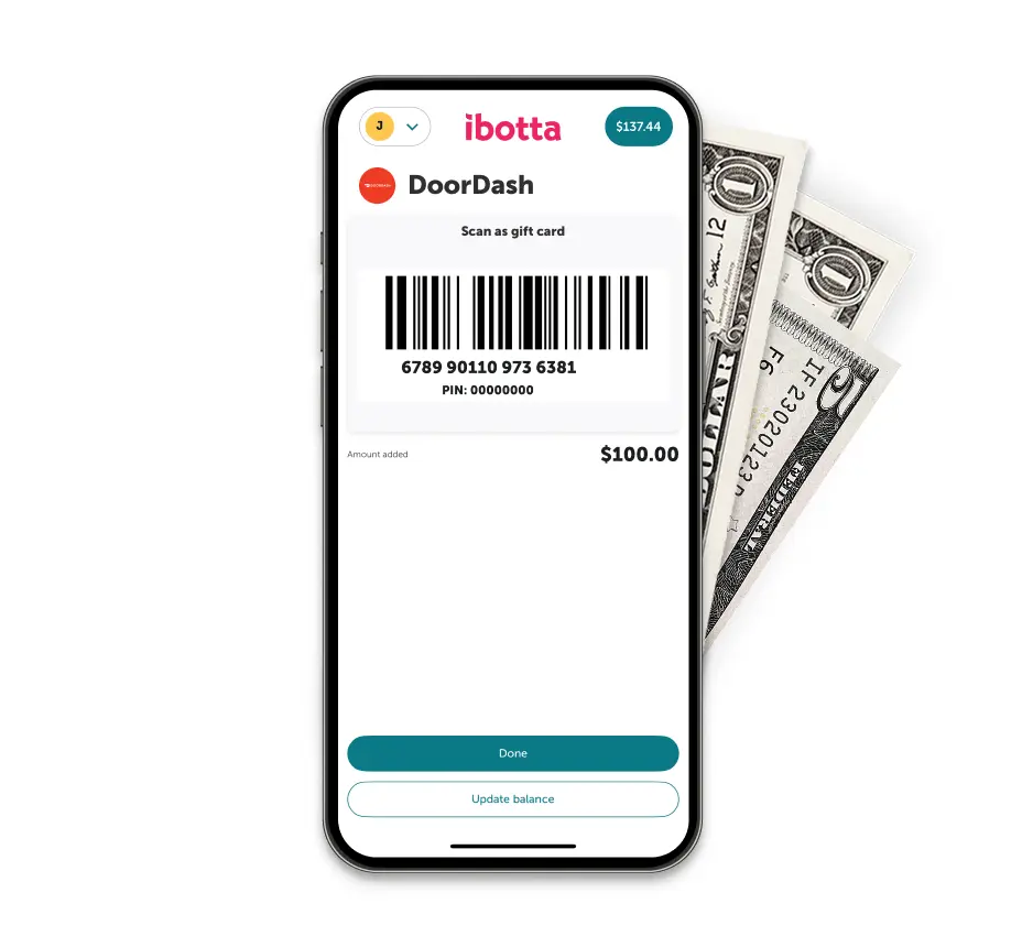 The Ibotta app displaying a DoorDash gift card bar code.