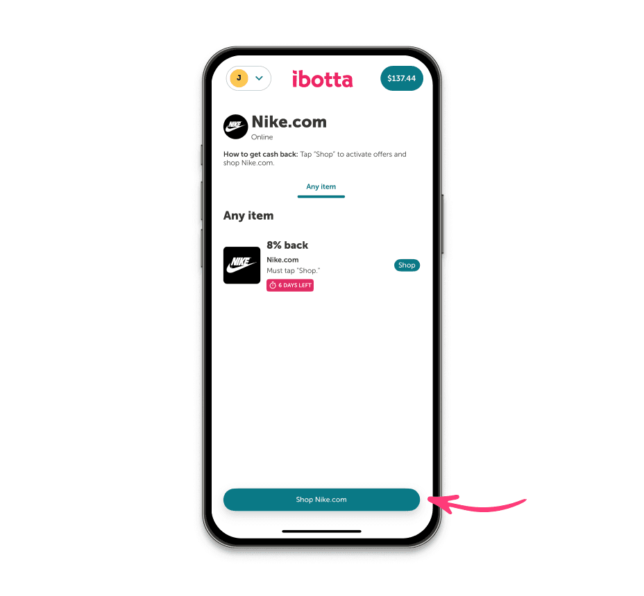 Ibotta app displaying 8% cash back on Nike