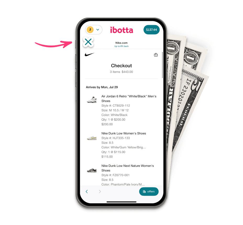 Ibotta app displaying some big cash back on Nike shoes