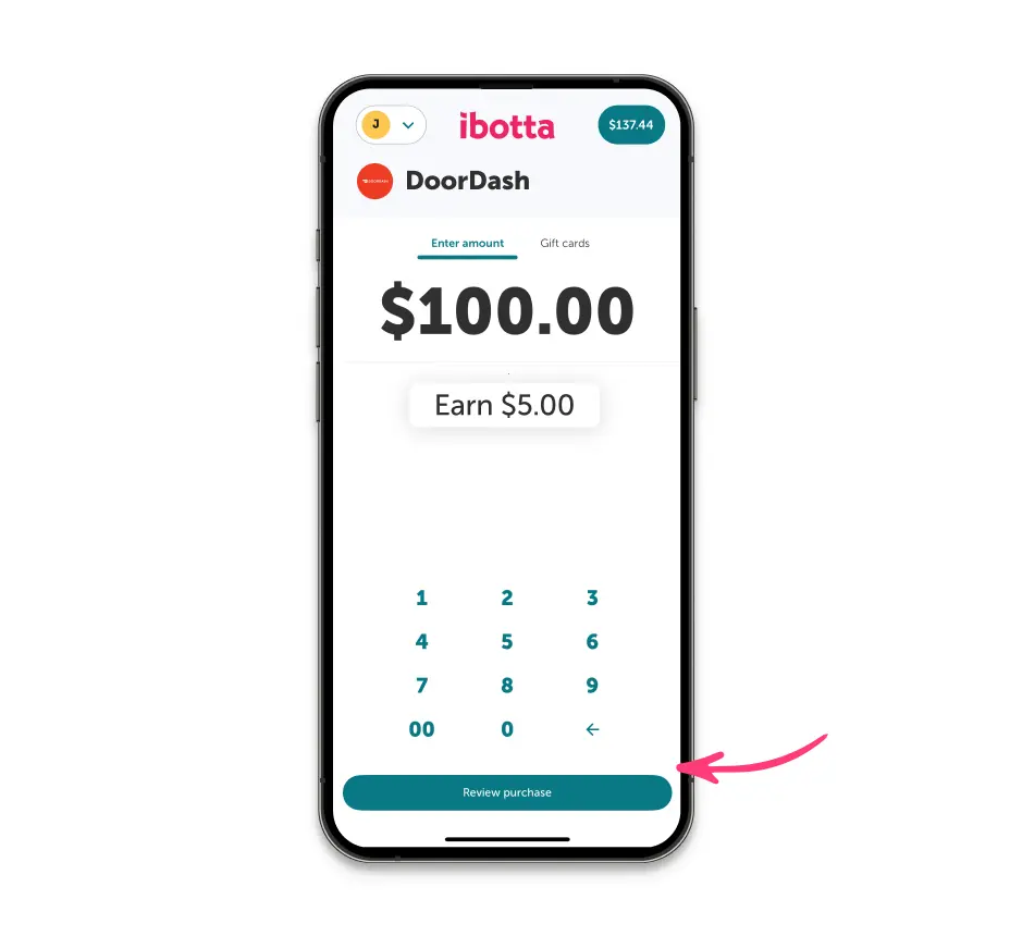 The Ibotta App displaying a $100 DoorDash gift card purchase, Earning $5.00