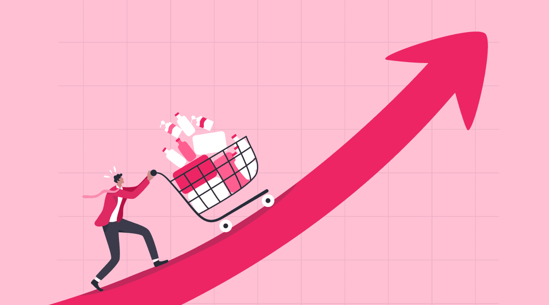 man pushing grocery cart up increasing arrow
